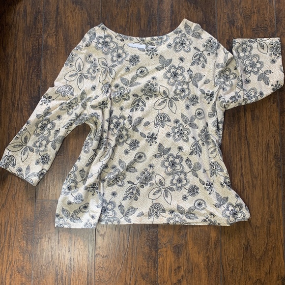Alfred Dunner Tops - Alfred Dunner Floral 3/4 Cotton Blouse Top - XL, neutral beaded gray black cream